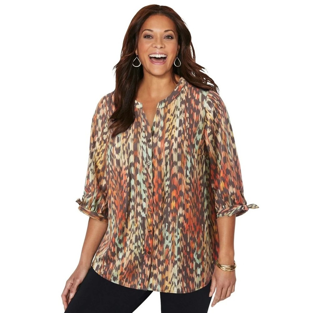 Catherines Plus Size 1X Top Brown‎ Orange Ikat Boho Office Earthy Tie Sleeve 143